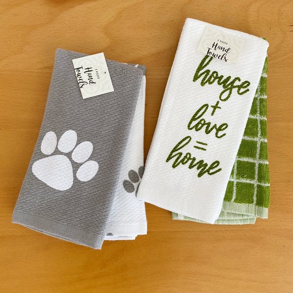 Other - Kitchen Hand Towels, 100% Cotton, Dog paw / Home wording, White Green Gray